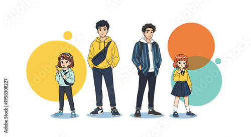 Two young men and two young women stand with colorful circles in the background.