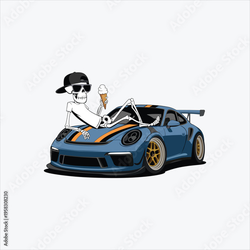 Skeleton wearing sunglasses and cap relaxing on luxury sports car holding ice cream cone