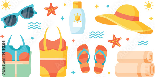 Summer beach accessories vector set with swimsuit, sunglasses, flip flops, hat, sunscreen and towels, vacation travel illustration collection