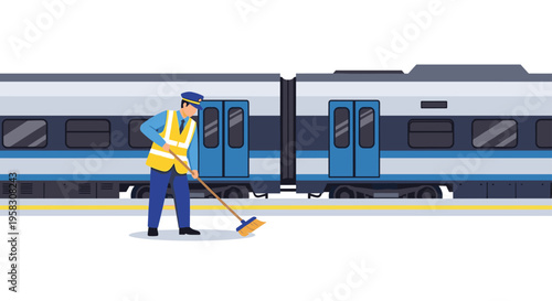 A male cleaner sweeps a train station platform next to a parked commuter train.