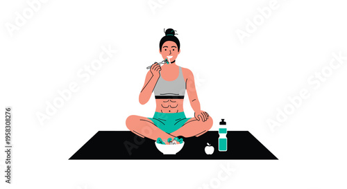 A fit woman sits cross-legged on a yoga mat eating a salad.