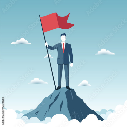 Businessman holding a red flag on top of a mountain, symbolizing business achievement
