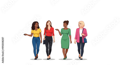 Four diverse adult women walk and converse across a plain white background.