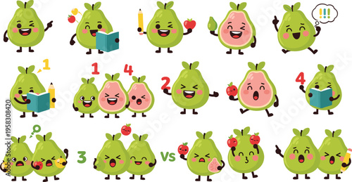 Cute guava character math vector set with counting, numbers and school activities, kawaii fruit cartoon collection for kids education isolated on white background