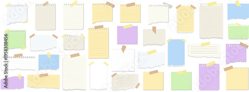 Collection of torn notebook paper notes with adhesive tape pieces. Realistic pastel memo sheets, lined and blank pages isolated for reminders, scrapbooking, planners, stationery and design mockups