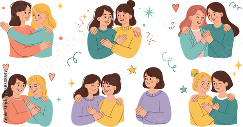 Women friendship and support vector set with hugging female friends, emotional connection, care, empathy and love, modern flat illustration collection