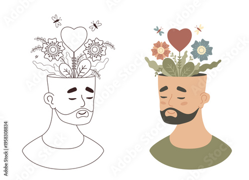 Men Mental Health. Coloring Page Bearded Man with Blooming Garden Flowers Heart and Butterflies. Line Art for Mindfulness Therapy and Stress Relief Activity. Outline Vector Illustration 