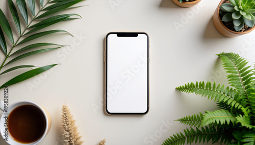 top view smartphone mockup on desk, blank screen, workspace flat lay and copyspace