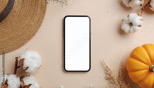 top view smartphone mockup on desk, blank screen, workspace flat lay and copyspace
