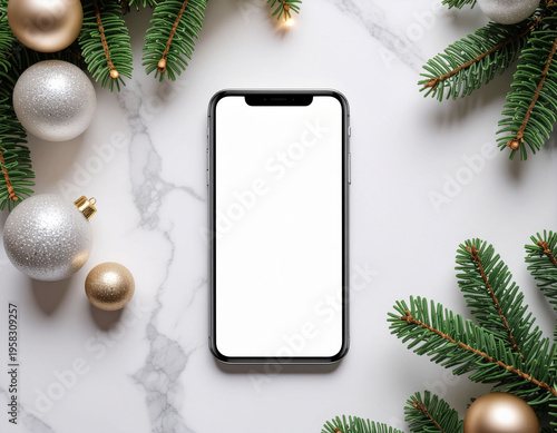 top view smartphone mockup on desk, blank screen, workspace flat lay and copyspace