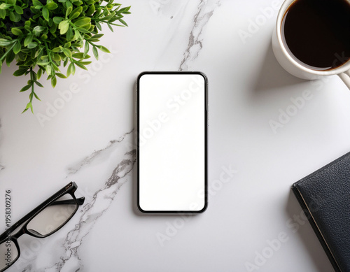 top view smartphone mockup on desk, blank screen, workspace flat lay and copyspace