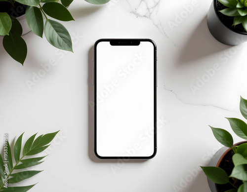 top view smartphone mockup on desk, blank screen, workspace flat lay and copyspace