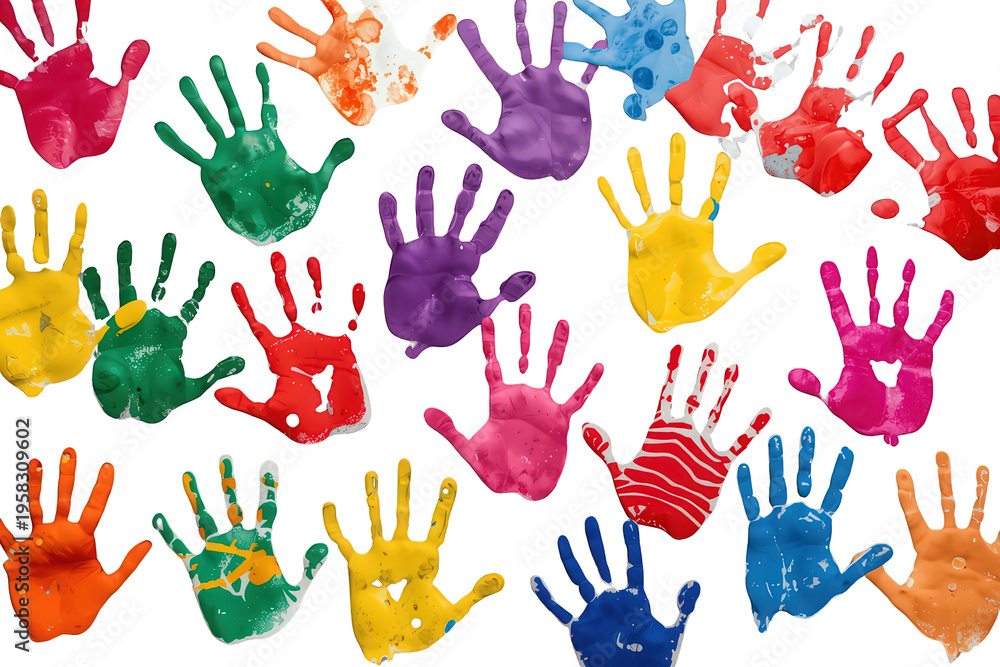 Fototapeta premium Colorful paint handprints conveying concepts of childhood, art, learning, and community against a transparent backdrop