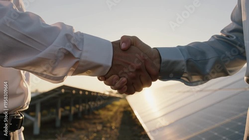 Two businessmen shake hands in front of solar panels at sunset, symbolizing a partnership in renewable energy, sustainability and environmental responsibility.