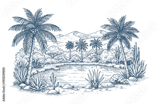 Oasis landscape with palm trees and lake in desert vector illustration for travel and nature themes