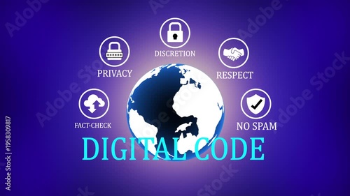 Digital code concept featuring a rotating globe surrounded by circular representing online ethics privacy discretion, with 4k video animation.