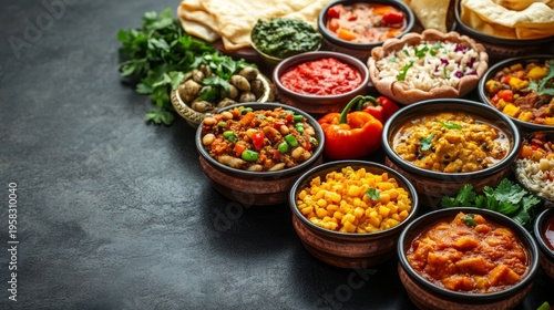 The variety of Indian dishes served in earthenware bowls on a dark table creates an appetising and colourful backdrop for a restaurant menu or food blog.