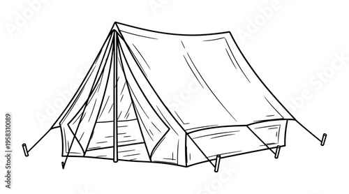 Line art drawing of a classic canvas tent with ropes and stakes, ready for camping.