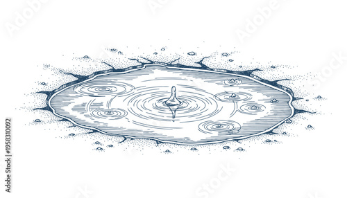 Pond surface with water drop creating ripples and splash hand drawn vector illustration