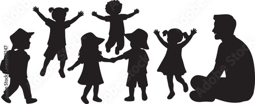 Happy children silhouette vector set, group of kids jumping running and playing together, active boys and girls collection, isolated on white.