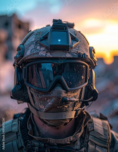 Soldier in Tactical Gear at Sunset.