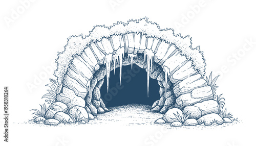 Mysterious cave entrance with icicles and foliage, dark opening for adventure vector illustration