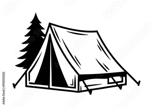 Black and white illustration of a classic camping tent set up next to a tall pine tree, depicting outdoor adventure.