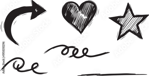 Chalk cute kids elements, crayon pencil preschool kindergarten doodle icons set. Hand drawn daycare and children drawings, childish scribble rainbow, stars, flower, crown in sketch style