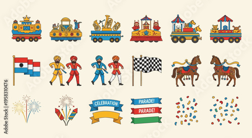 Vintage festival parade vector elements, carnival celebration icons with parade floats and marchers, festive event design set with horses and fireworks