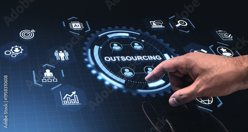 Foto Digital outsourcing interface with hand interacting with illuminated business icons on futuristic tech screen for management operations