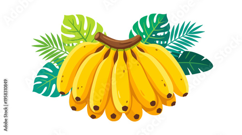 Bunch of Ripe Yellow Bananas with Green Leaves.
