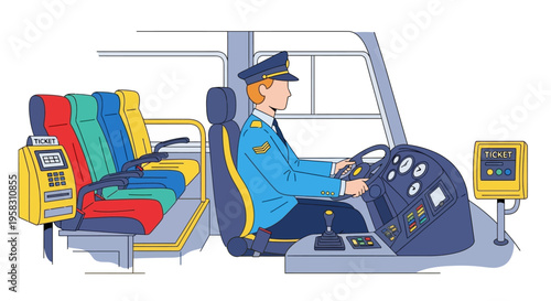 Bus Driver in Uniform Operating Vehicle Interior.