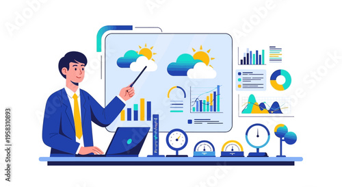 Business Analyst Presenting Financial Data and Weather Forecasts.