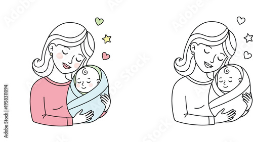 Loving mother holding swaddled newborn baby illustration with hearts color and black white outline coloring page vector