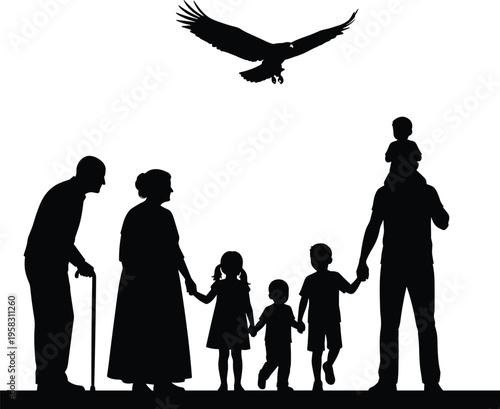 Black silhouette of a multi generational family with grandparents parents and children walking under a flying eagle symbol of unity freedom heritage and togetherness