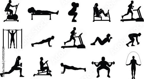 Fitness and gym workout silhouette icons set featuring people exercising with weights treadmill running cycling pushups squats and cardio training for healthy lifestyle sports