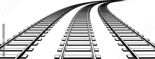 Curving railway tracks silhouette illustration for train transportation logistics journey travel concept industrial freight infrastructure steel rails perspective view and locomotive pathway symbols