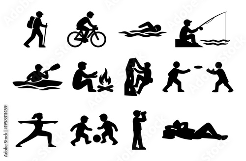 Camping Activities Silhouette Icon Set Outdoor Recreation Hiking Cycling Swimming Kayaking Fishing Camping Leisure Vector