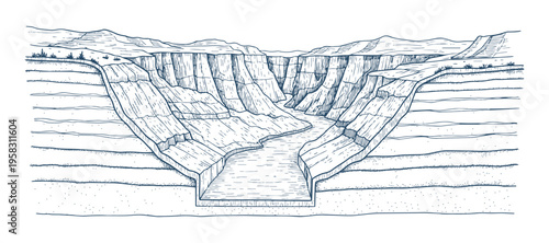 Canyon landscape with river flowing through, detailed hand drawn geological vector illustration