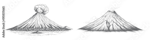 Volcano erupting and dormant volcano, two detailed hand drawn geological vector illustrations