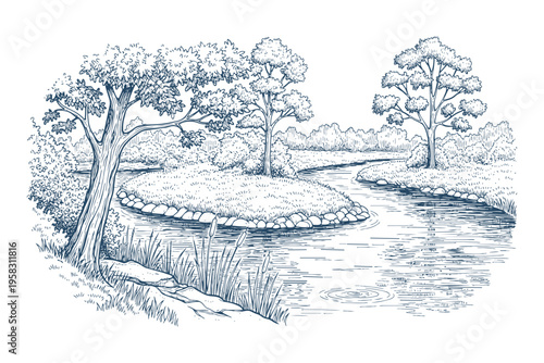 River landscape with trees and water, vector illustration for nature and travel scenes