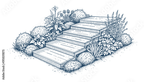 Wooden staircase illustration with surrounding plants, vector for landscaping and garden design