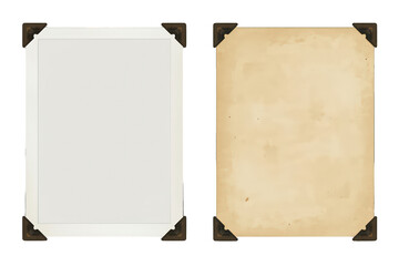 Blank vintage photo frame with corner holders and antique aged paper, creating background for memories on a transparent background