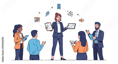 Business meeting with diverse team and leader presenting ideas.