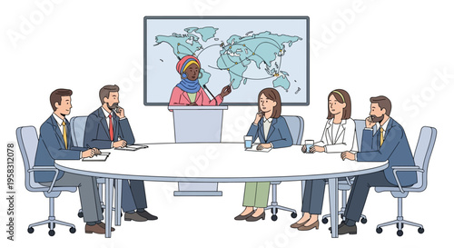 Business meeting with diverse team discussing global strategy.