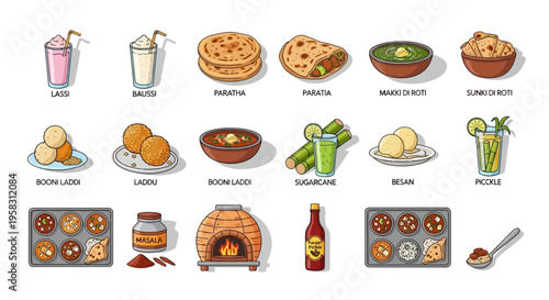 Indian Punjabi food icons set, traditional cuisine vector illustrations of lassi, paratha, and masala, 17 hand drawn elements for restaurant menu