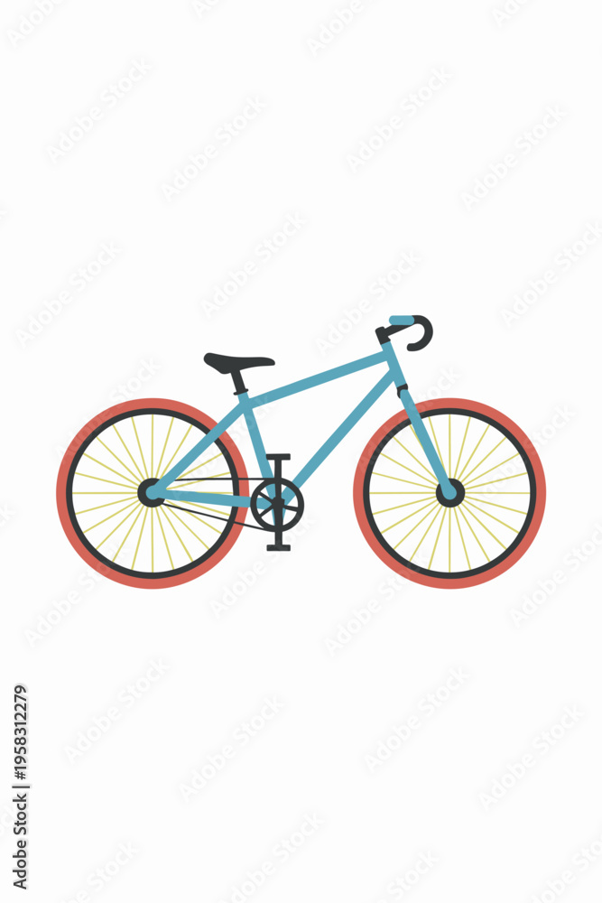 Naklejka premium Minimalist blue bicycle illustration featuring stylized red tires and yellow spokes for flat graphic design concepts representing eco-friendly urban commuting recreation leisure travel and cycling hob