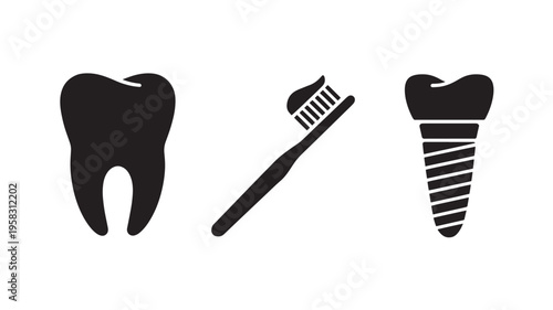 Vector Illustration Of Tooth, Toothbrush, And Dental Implant For Dental Care And Hygiene Concept Medical Health Isolated On Transparent Background