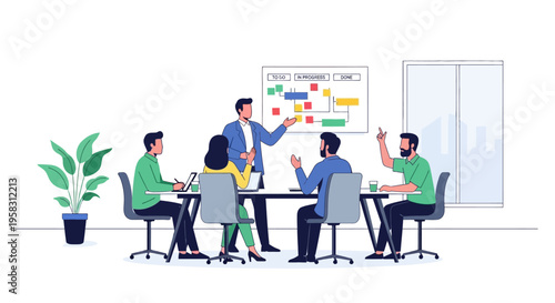 Business meeting with team discussing strategy on whiteboard.