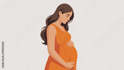 A serene pregnant woman in a flowing orange dress gently touches her baby bump with love, captured in a clean minimal studio artistic illustration perfect for maternity healthcare, parental care, or f